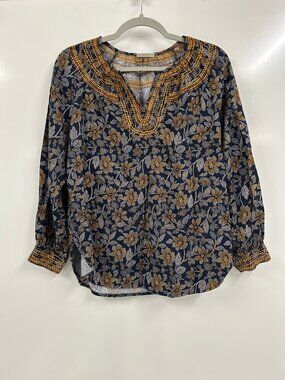 J. Jill Floral Boho Blouse XS Navy Mustard Embroidered Neck Peasant Top Capsule
